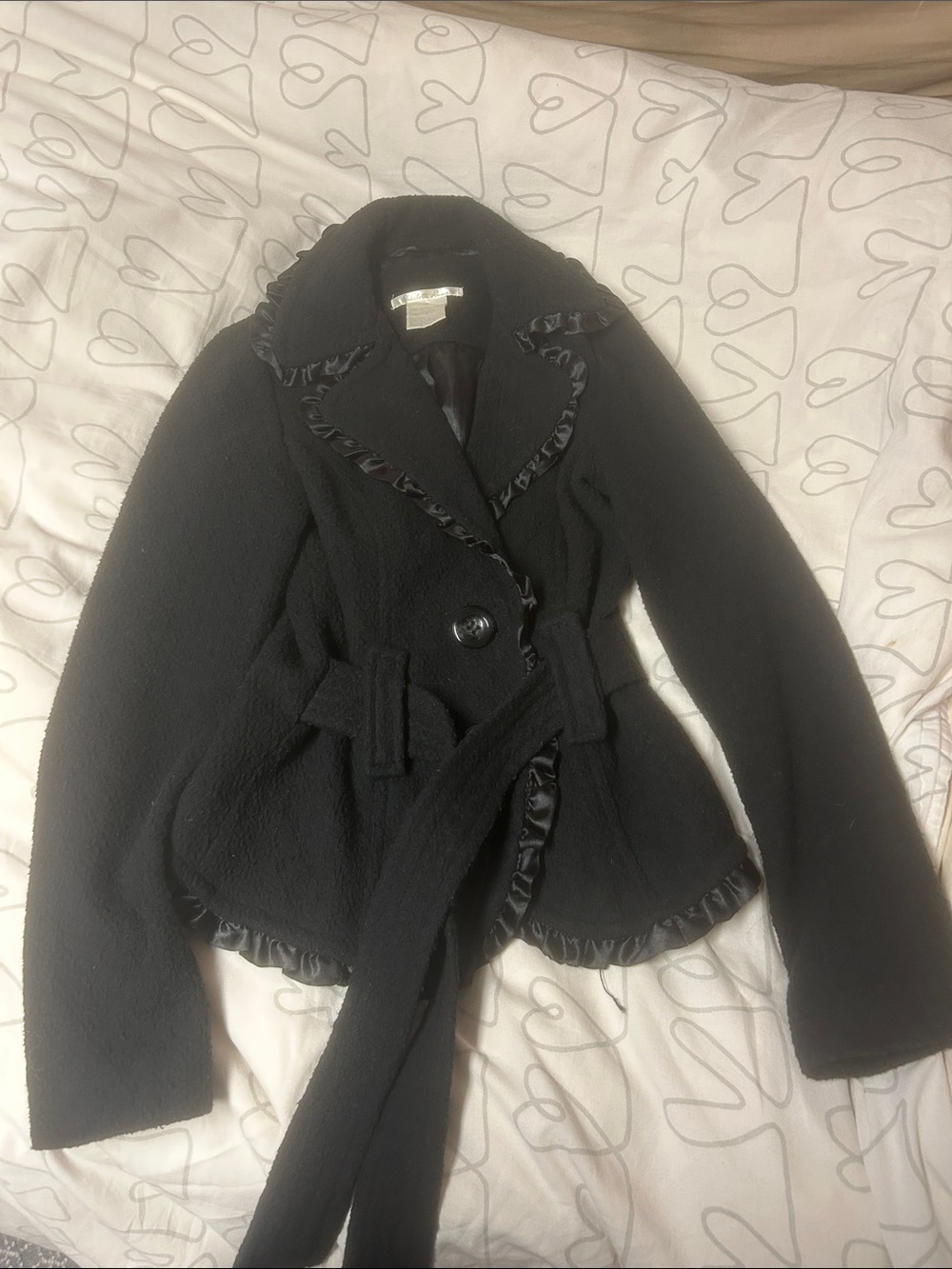 Charlotte Russe Black Ruffled Trim Belted Pea Coat